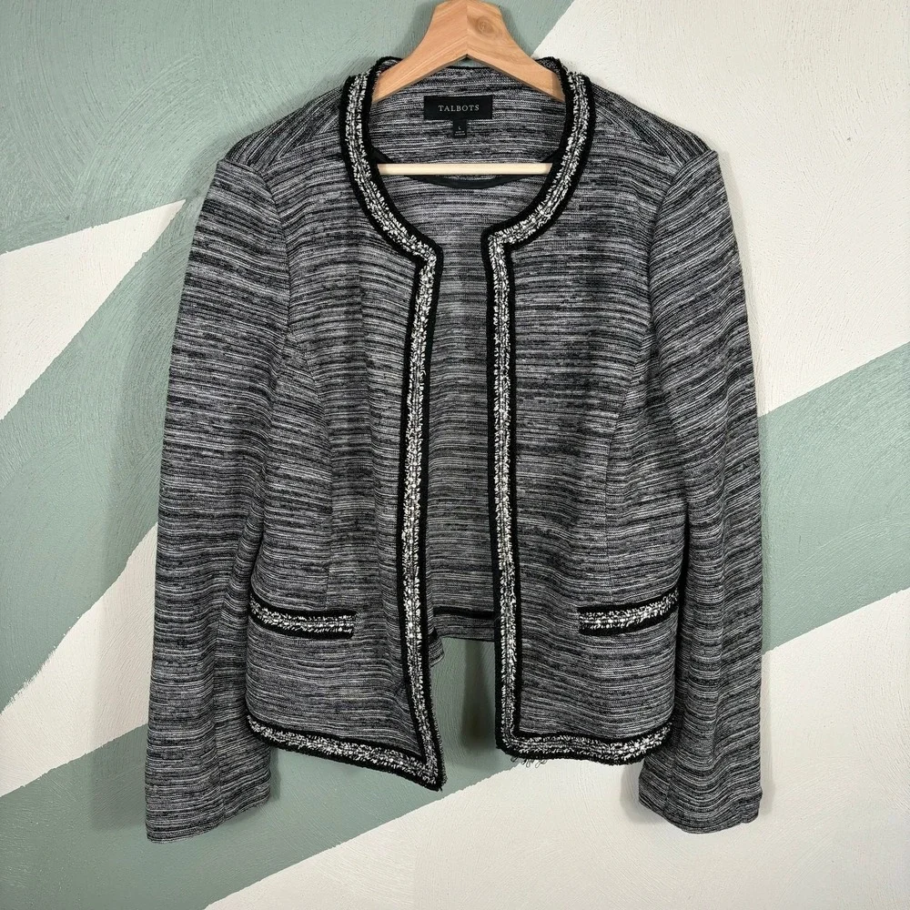 Talbots‎ Tweed Blazer Women Large Black White Braided Trim Open Front Jacket